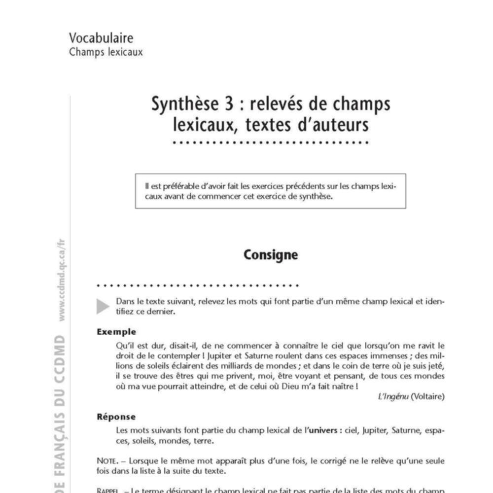 Le moteur du FLE : Synthèse 3 : relevés de champs lexicaux, textes d'